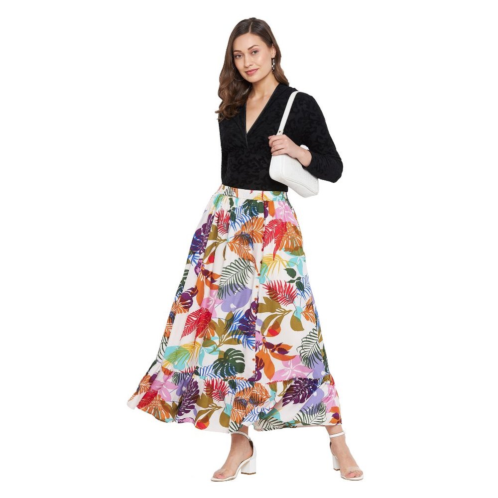Tropical Leaf Print Multicolor Micro Poly Skirt for Women - Picture 1 of 7